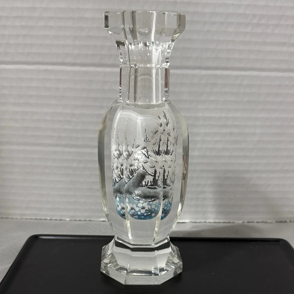 Vintage Collectible Reverse Painted Crystal Japanese Apple Blossom Gift Bud Vase